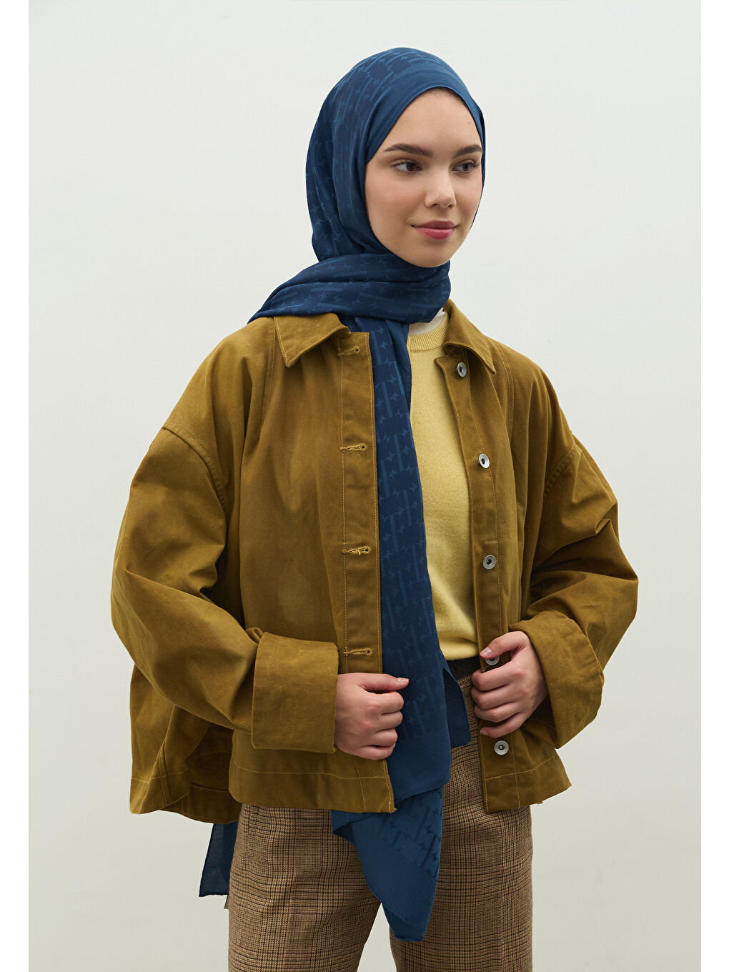 İndigo MONOGRAM PAMUK FLOŞ JAKARLI ŞAL İNDİGO-2