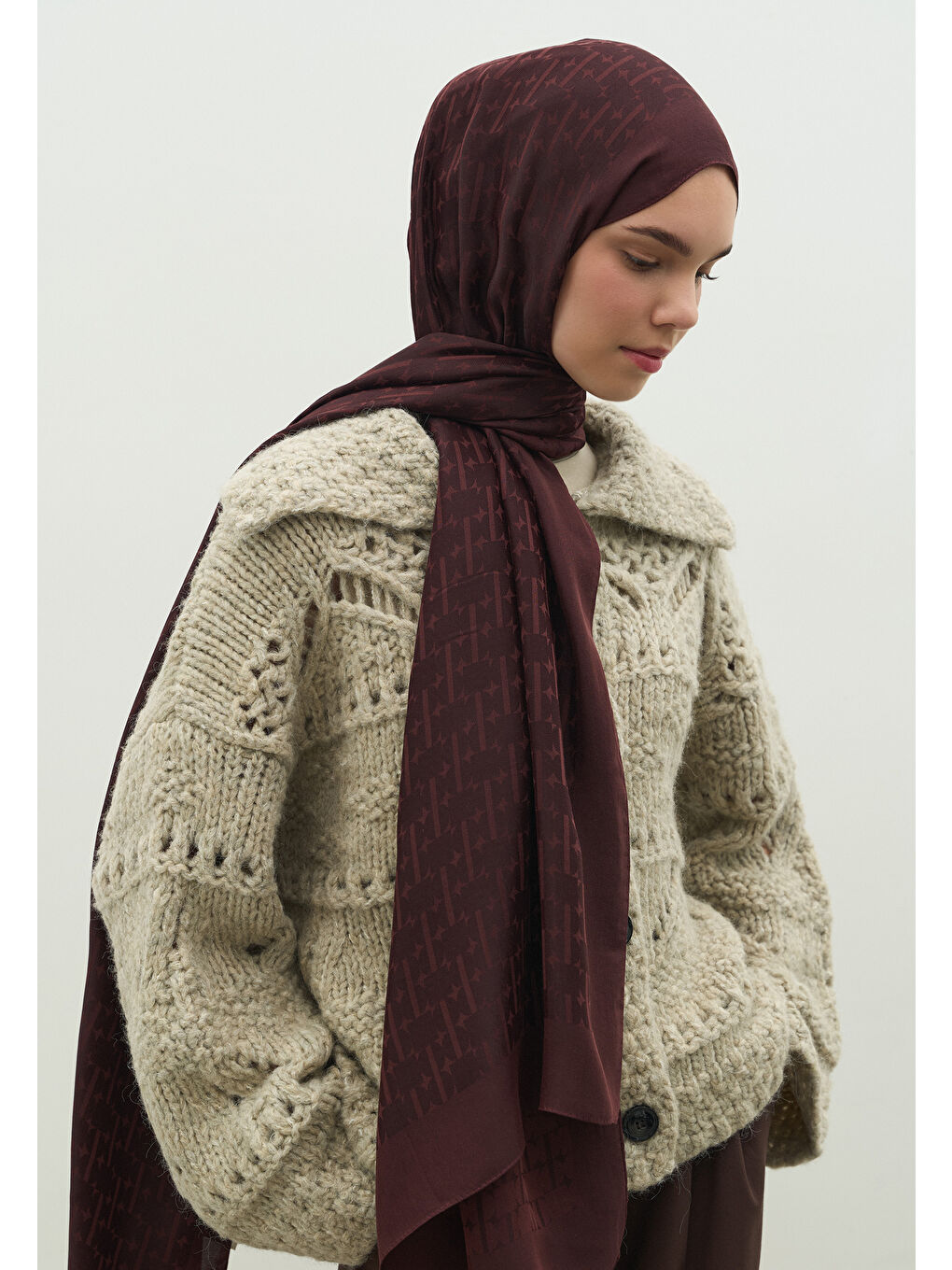 Kahverengi MONOGRAM PAMUK FLOŞ JAKARLI ŞAL KIZIL KAHVE-2