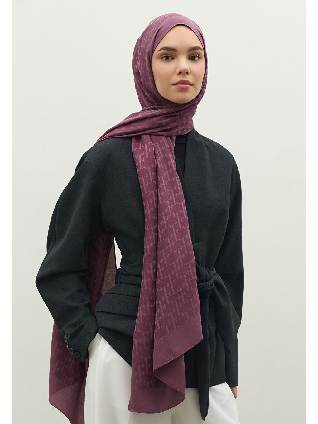 Lila MONOGRAM PAMUK FLOŞ JAKARLI ŞAL ŞAKAYIK-1