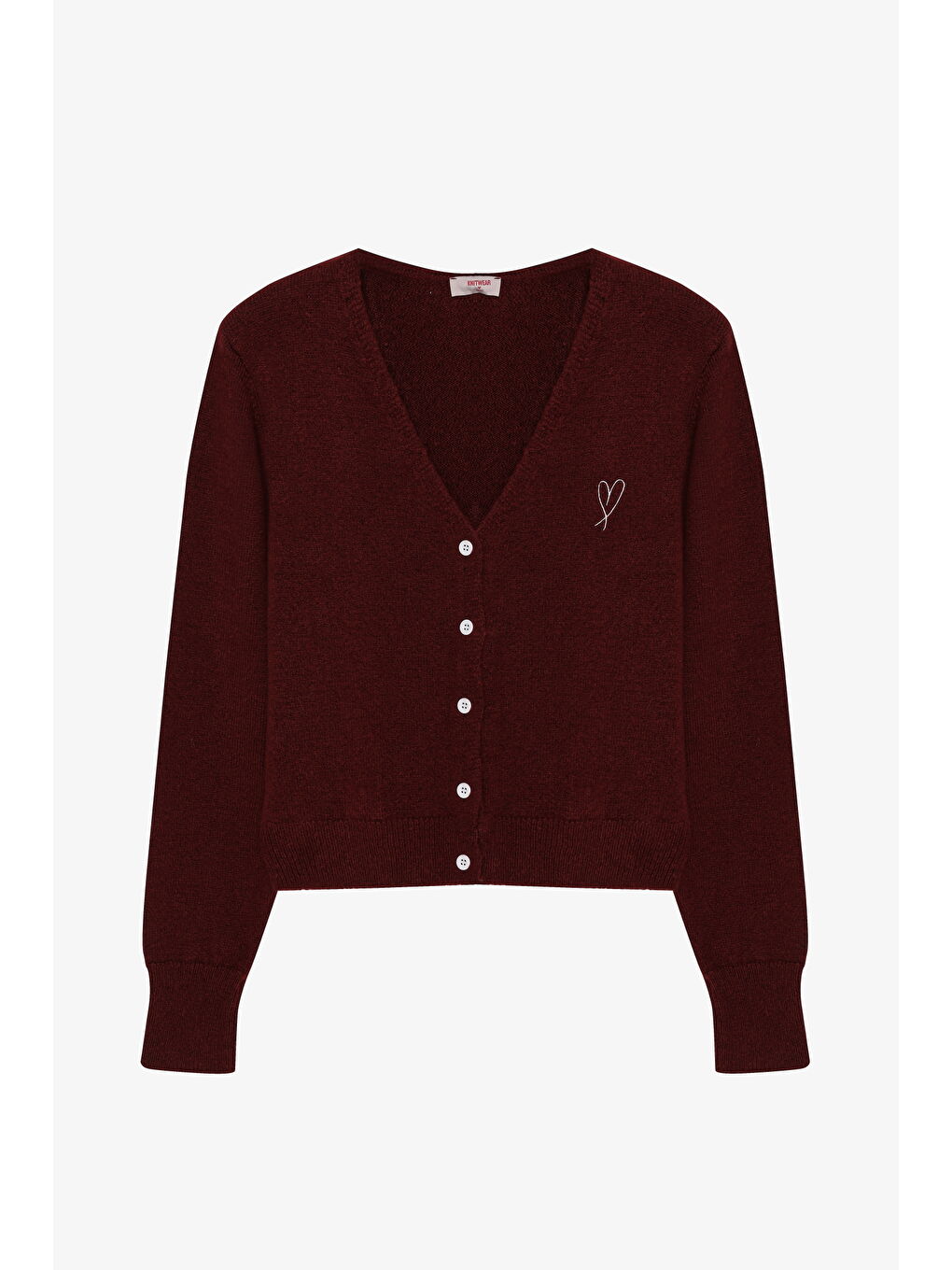 Kalp Nakışlı Düğmeli V Yaka Triko Hırka Bordo