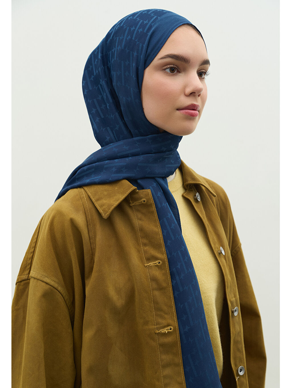 İndigo MONOGRAM PAMUK FLOŞ JAKARLI ŞAL İNDİGO-3