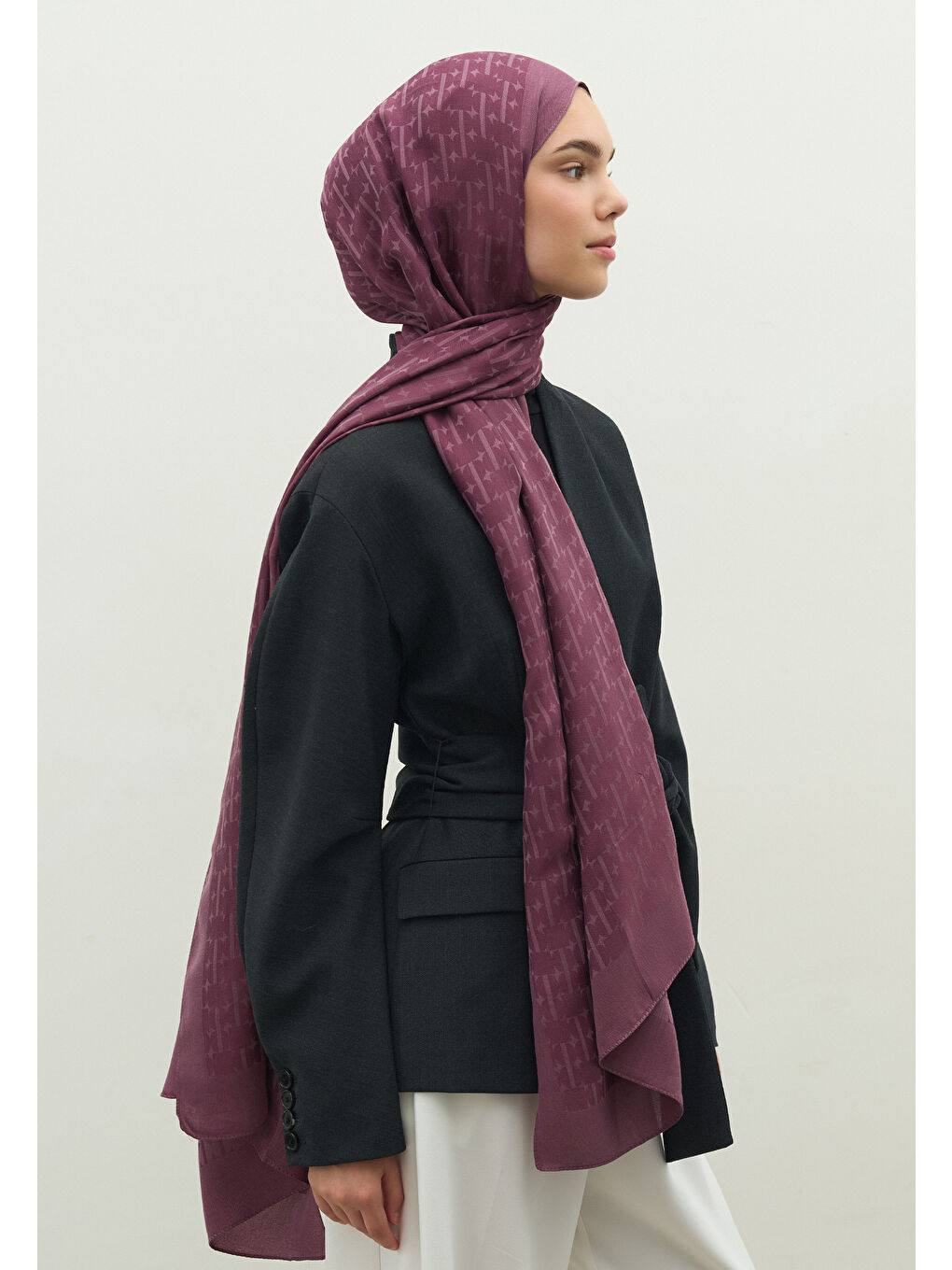 Lila MONOGRAM PAMUK FLOŞ JAKARLI ŞAL ŞAKAYIK-2