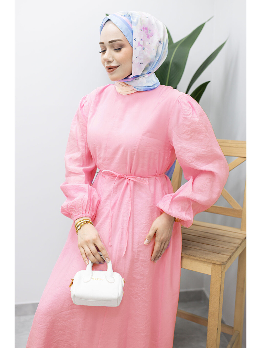 Lina Dikiş Ve Bağcık Detaylı Elbise TSD260223 Pembe-1