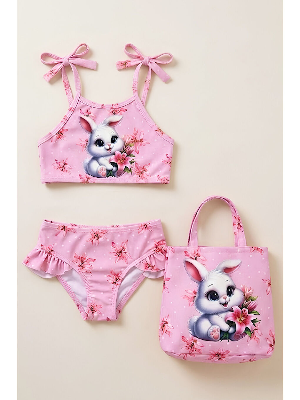 Pembe Kız Çocuk Çantalı 3'lü Mayo Takımı (Çanta+Mayo+Bikini) 3-10 Yaş 12648N