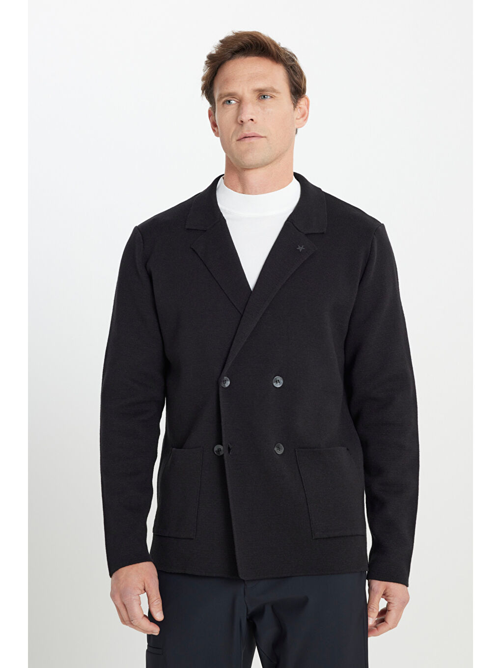 Erkek Siyah Pamuklu Standart Fit Normal Kesim Kruvaze Yaka Cepli Triko Ceket-2