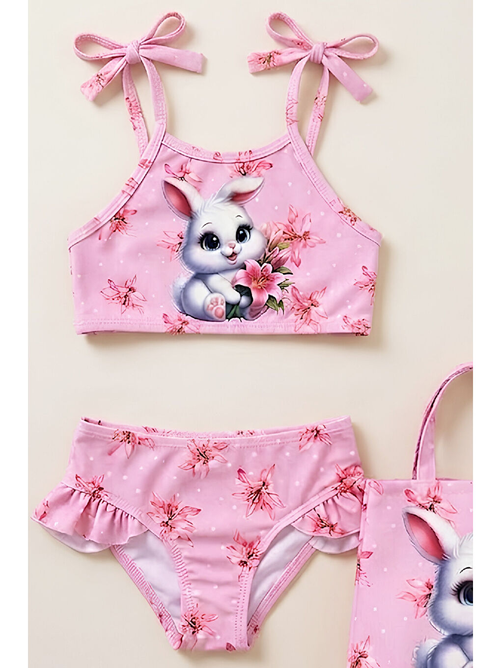 Pembe Kız Çocuk Çantalı 3'lü Mayo Takımı (Çanta+Mayo+Bikini) 3-10 Yaş 12648N-1