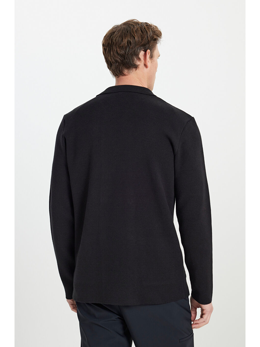 Erkek Siyah Pamuklu Standart Fit Normal Kesim Kruvaze Yaka Cepli Triko Ceket-5