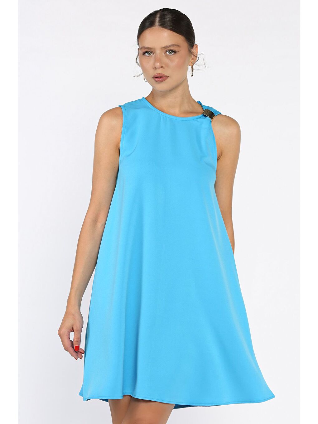 Mavi Omuz Tokalı Rahat Kısa Elbise-1