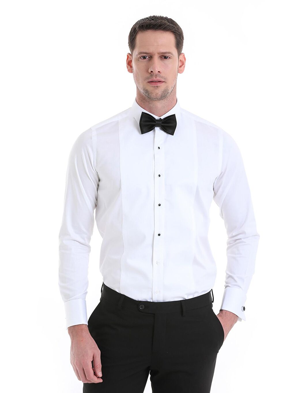 Beyaz Comfort Fit Düz 100% Pamuklu Slim Yaka Manşetli Uzun Kollu Saten Klasik Gömlek