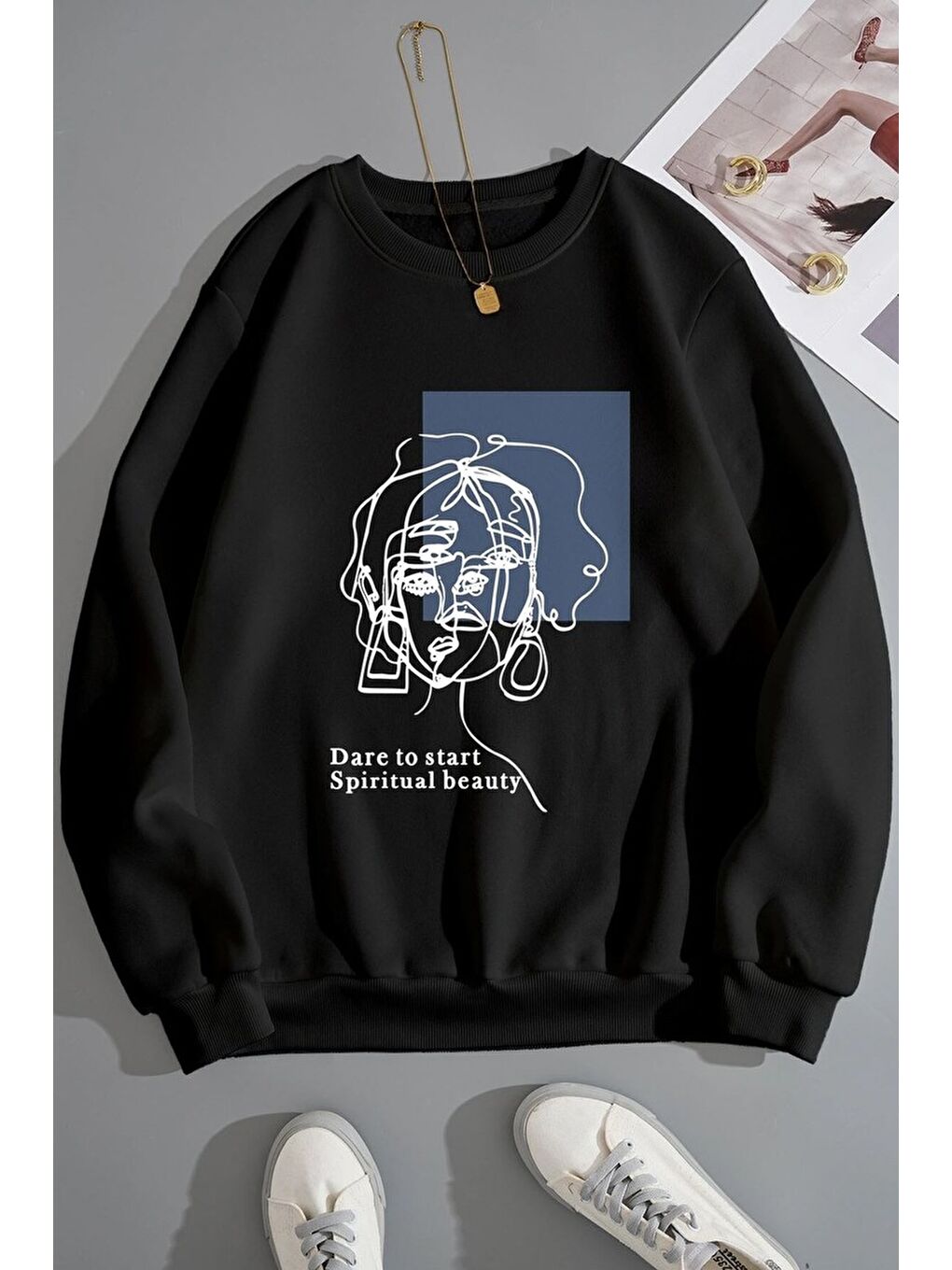 uyguntarz Siyah Unisex Baskılı Bisiklet Yaka Sweatshirt