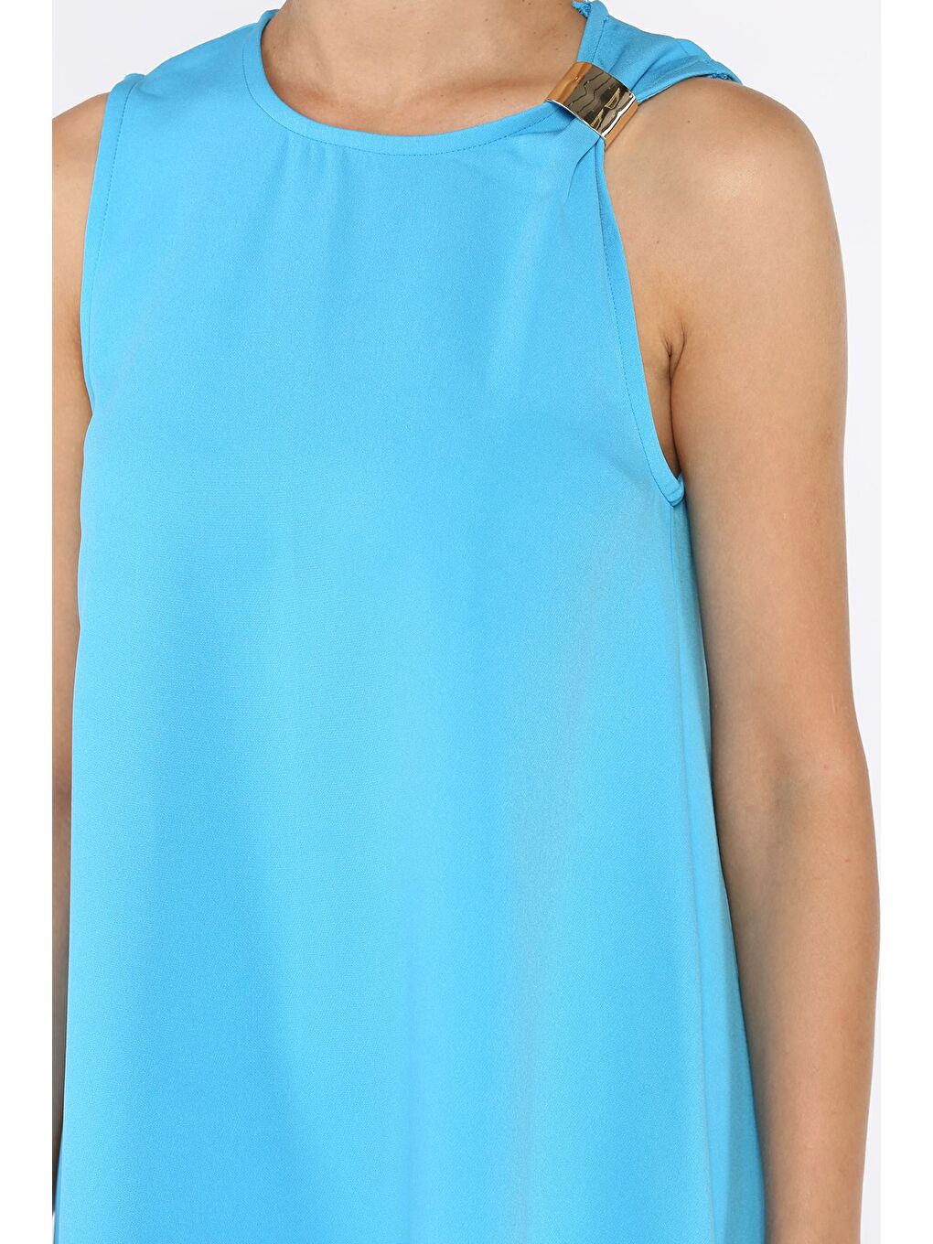 Mavi Omuz Tokalı Rahat Kısa Elbise-3