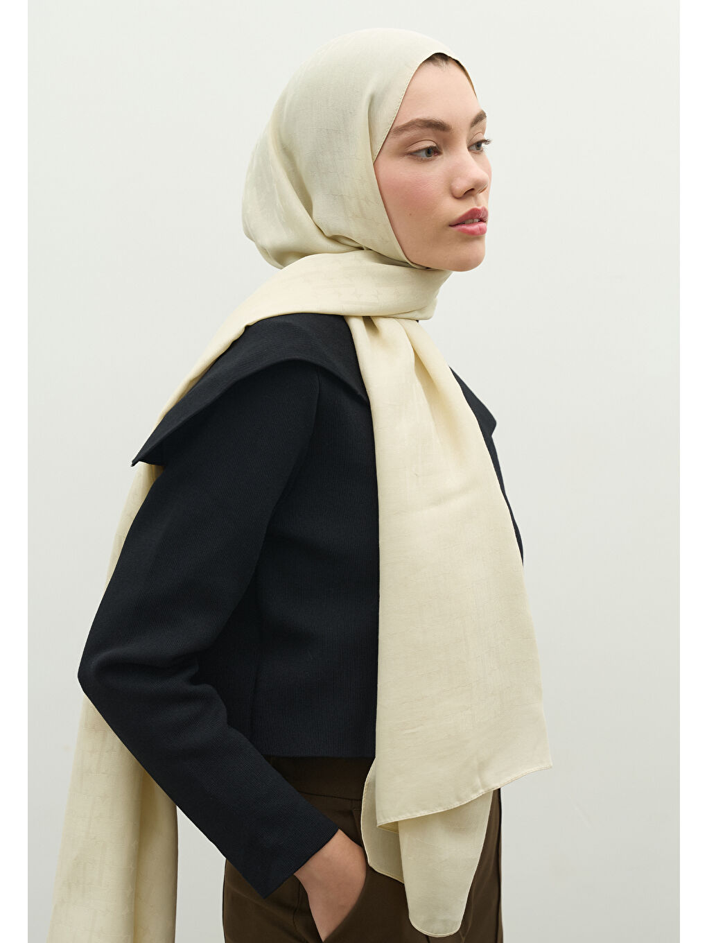 Bej MONOGRAM PAMUK FLOŞ JAKARLI ŞAL BEJ-2