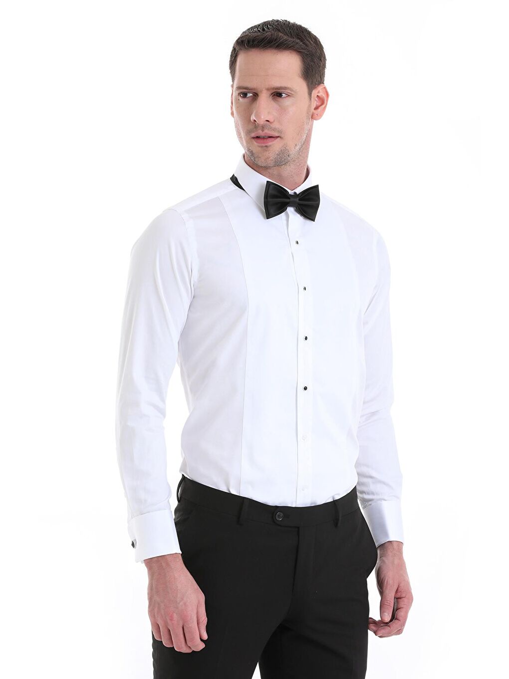 Beyaz Comfort Fit Düz 100% Pamuklu Slim Yaka Manşetli Uzun Kollu Saten Klasik Gömlek-2