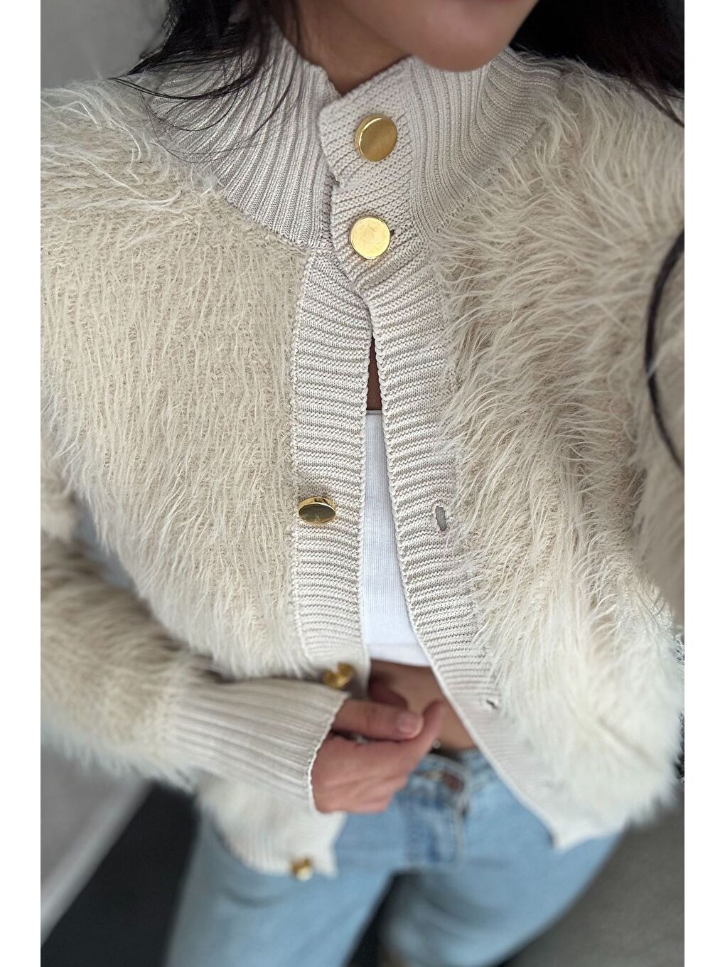 Bej Kadın Sakallı Triko Ceket-1