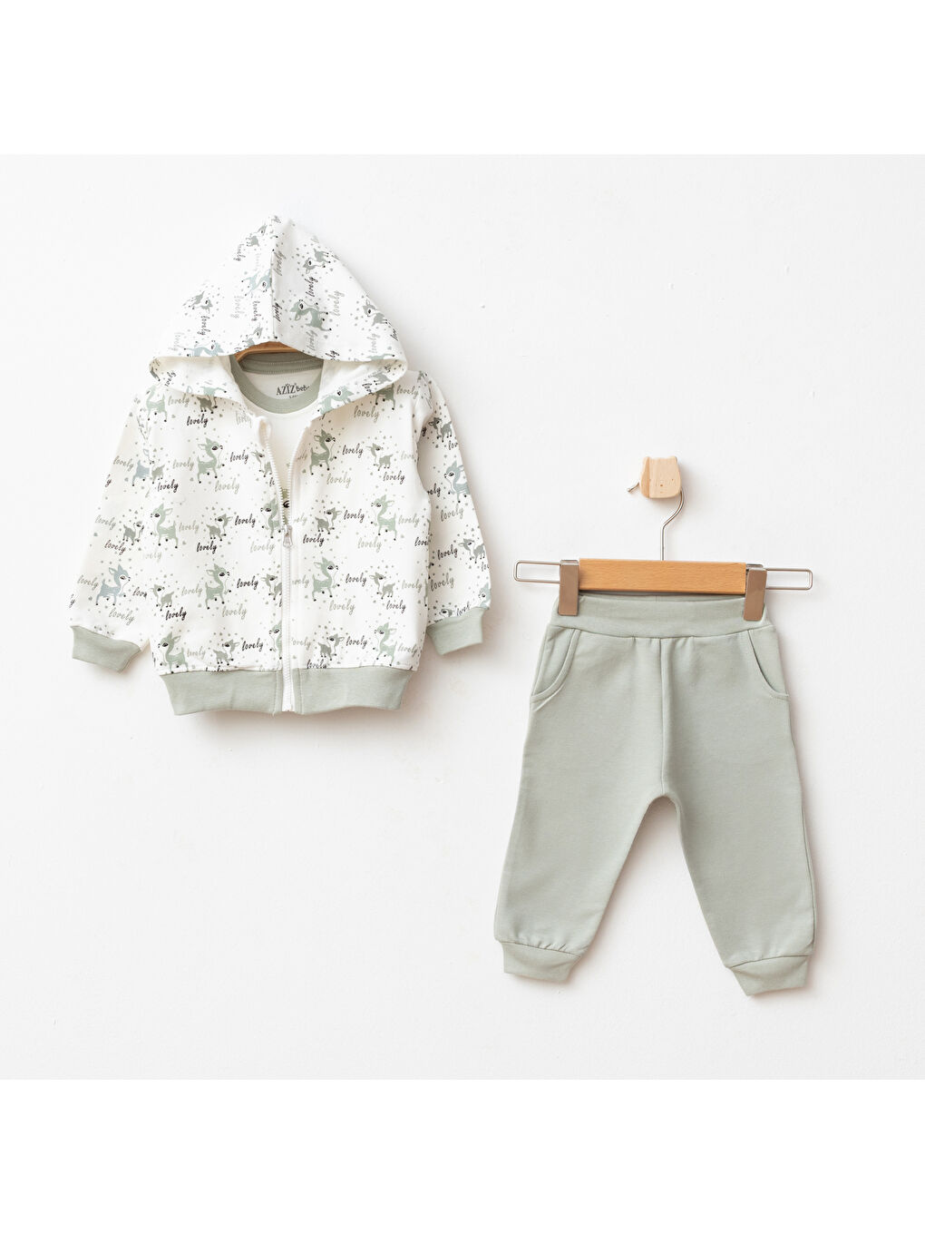 Yeşil Kız Bebek Animal Desenli Sweatshirt Pantolon T-shirt 3'lü Alt Üst Bebek Takımı 3 Ay-36 Ay