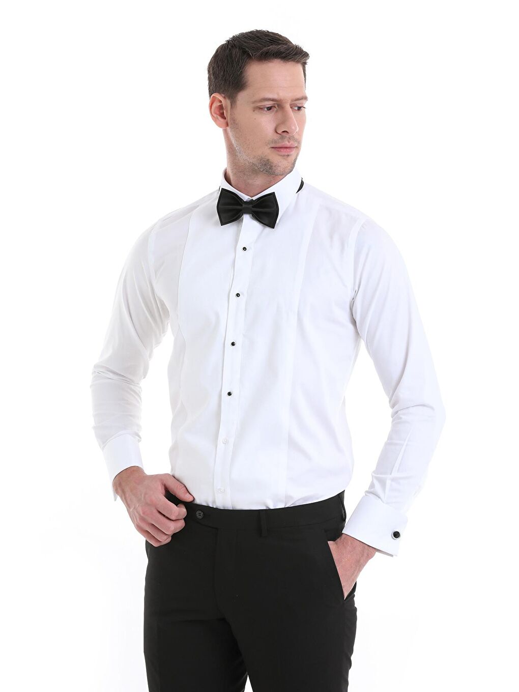 Beyaz Comfort Fit Düz 100% Pamuklu Slim Yaka Manşetli Uzun Kollu Saten Klasik Gömlek-3