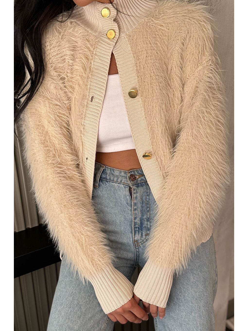Bej Kadın Sakallı Triko Ceket-2