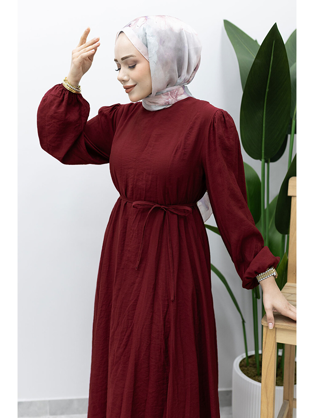 Lina Dikiş Ve Bağcık Detaylı Elbise TSD260223 Bordo-1