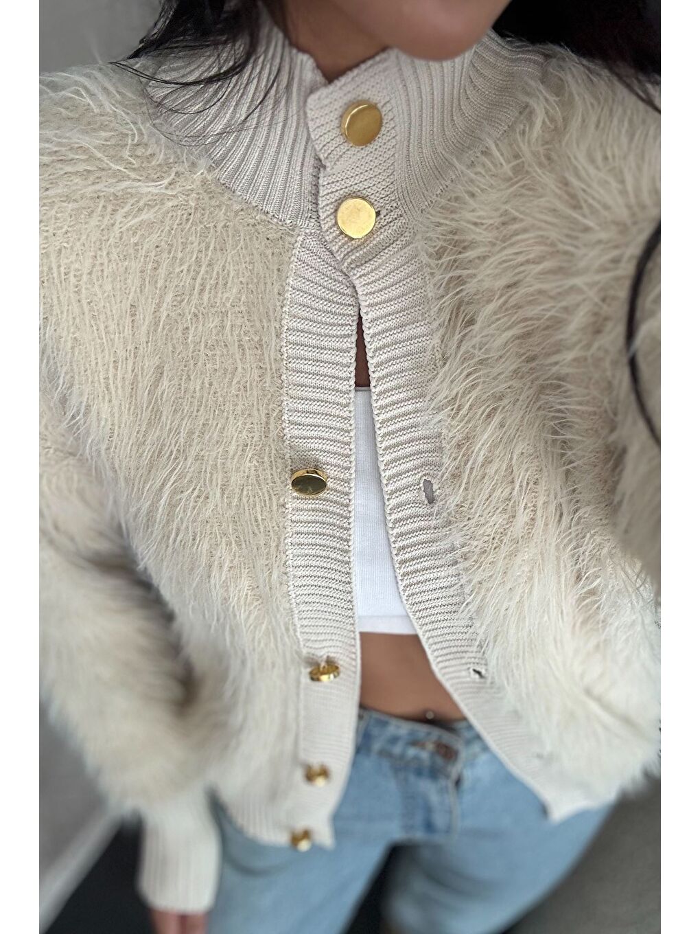Bej Kadın Sakallı Triko Ceket-3