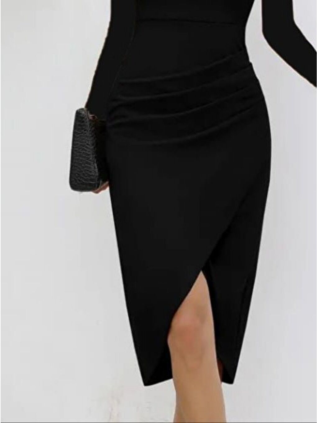 Siyah Kadın Uzun Kollu Kalp Yaka önden çapraz Detaylı Midi Ithal Krep Elbise-2