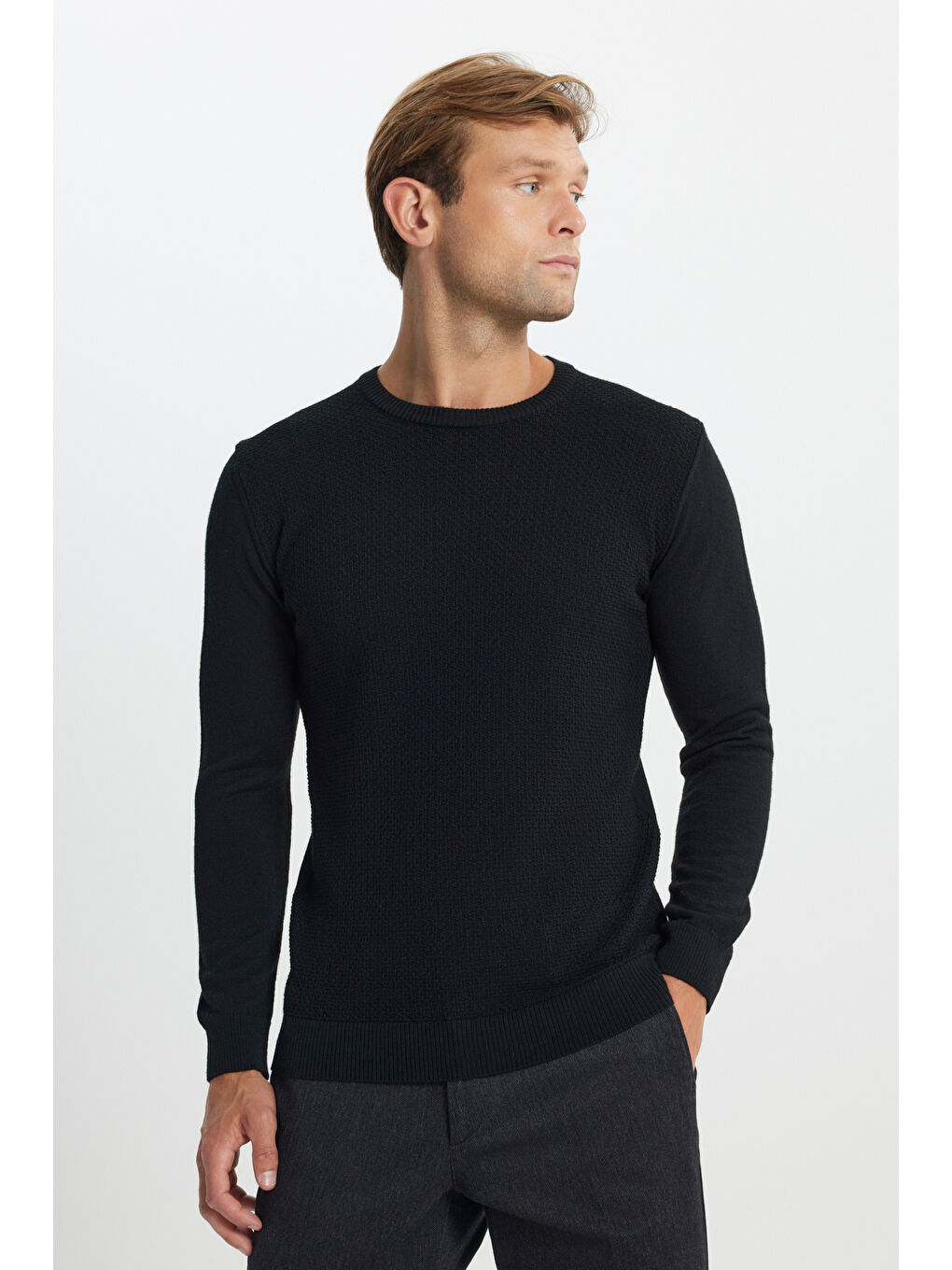 Erkek Siyah Pamuklu Standart Fit Normal Kesim Bisiklet Yaka Jakarlı Triko Kazak