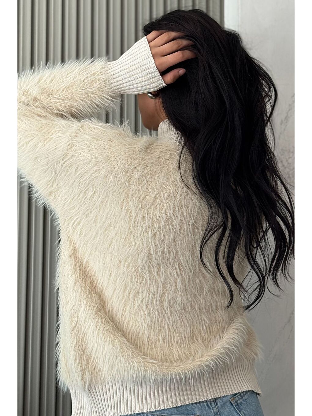 Bej Kadın Sakallı Triko Ceket-4