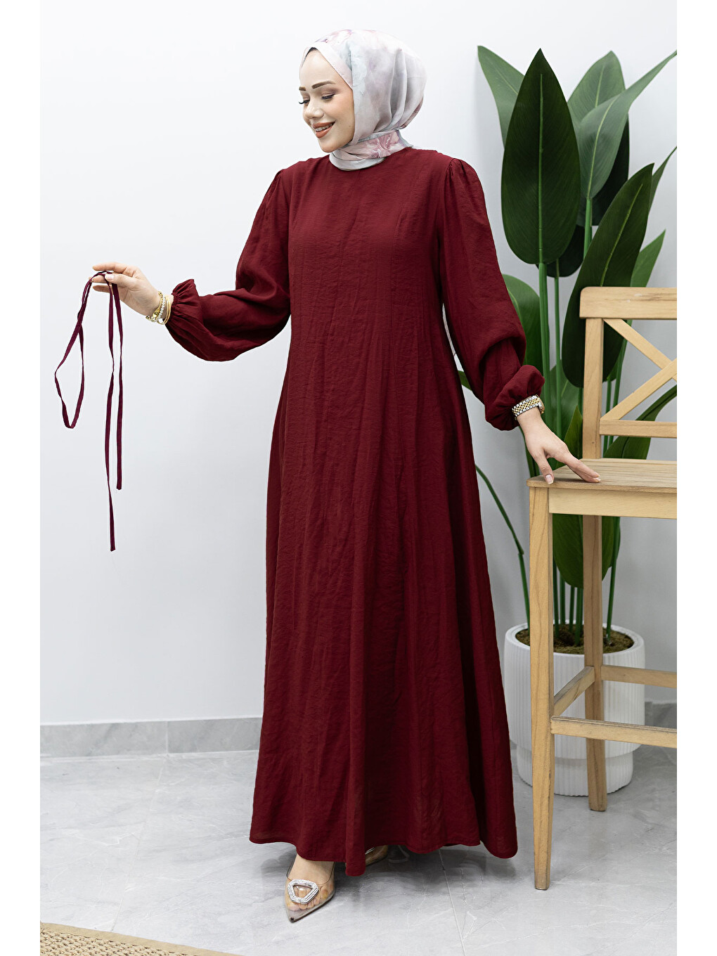 Lina Dikiş Ve Bağcık Detaylı Elbise TSD260223 Bordo-4