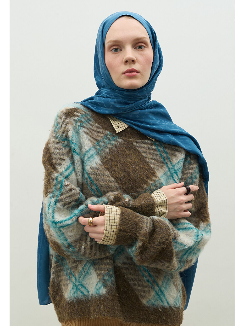 Mavi MONOGRAM PAMUK FLOŞ JAKARLI ŞAL Jean MAVİ-1