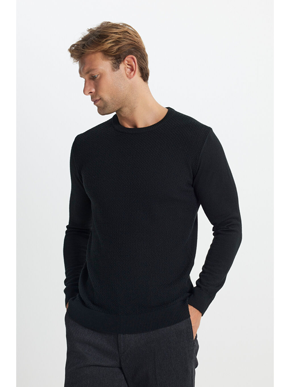 Erkek Siyah Pamuklu Standart Fit Normal Kesim Bisiklet Yaka Jakarlı Triko Kazak-3