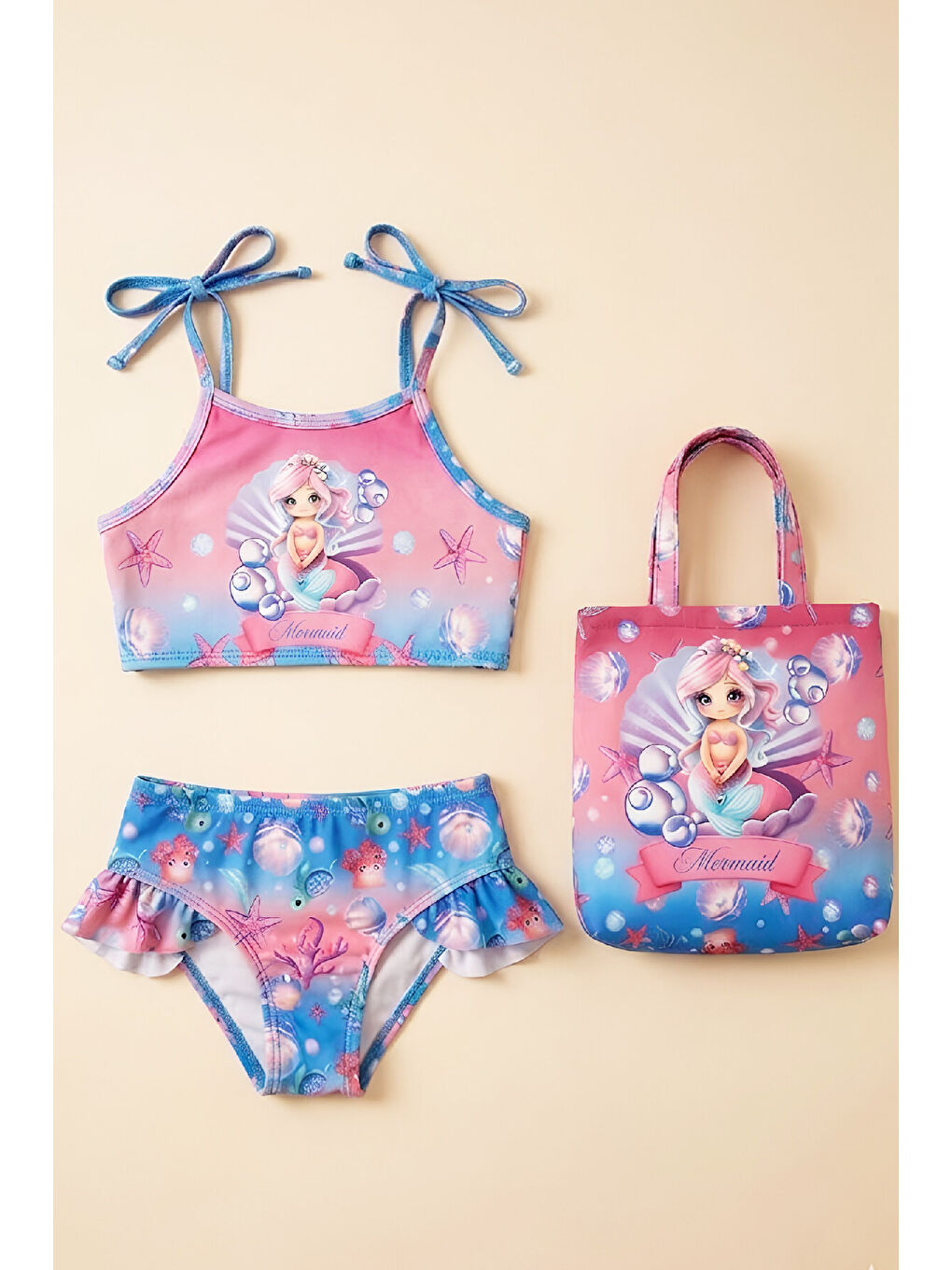 Fuşya Kız Çocuk Çantalı 3'lü Mayo Takımı (Çanta+Mayo+Bikini) 3-10 Yaş 12648N