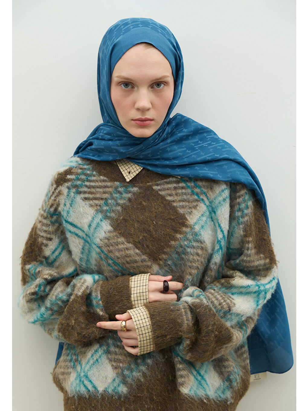 Mavi MONOGRAM PAMUK FLOŞ JAKARLI ŞAL Jean MAVİ-2