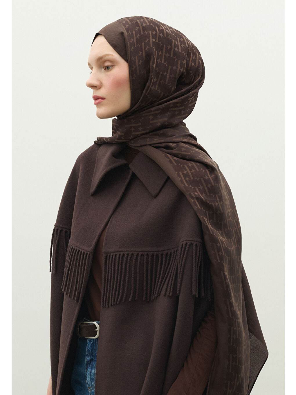 Kahverengi MONOGRAM PAMUK FLOŞ JAKARLI ŞAL ACI KAHVE