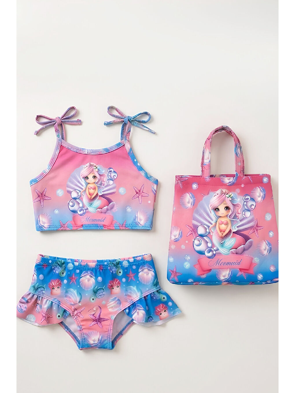 Fuşya Kız Çocuk Çantalı 3'lü Mayo Takımı (Çanta+Mayo+Bikini) 3-10 Yaş 12648N-1