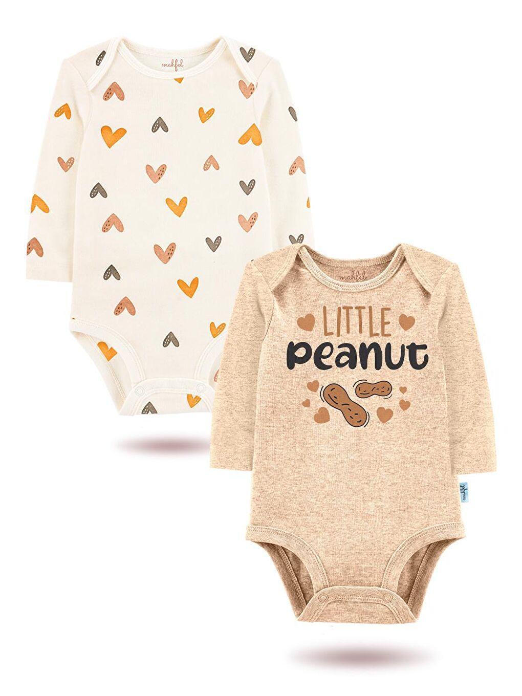 MAHFEL Bej 2'Li " LİTTLE PEANUT "Baskılı Uzun Kollu Unisex Bebek Çıtçıtlı Body