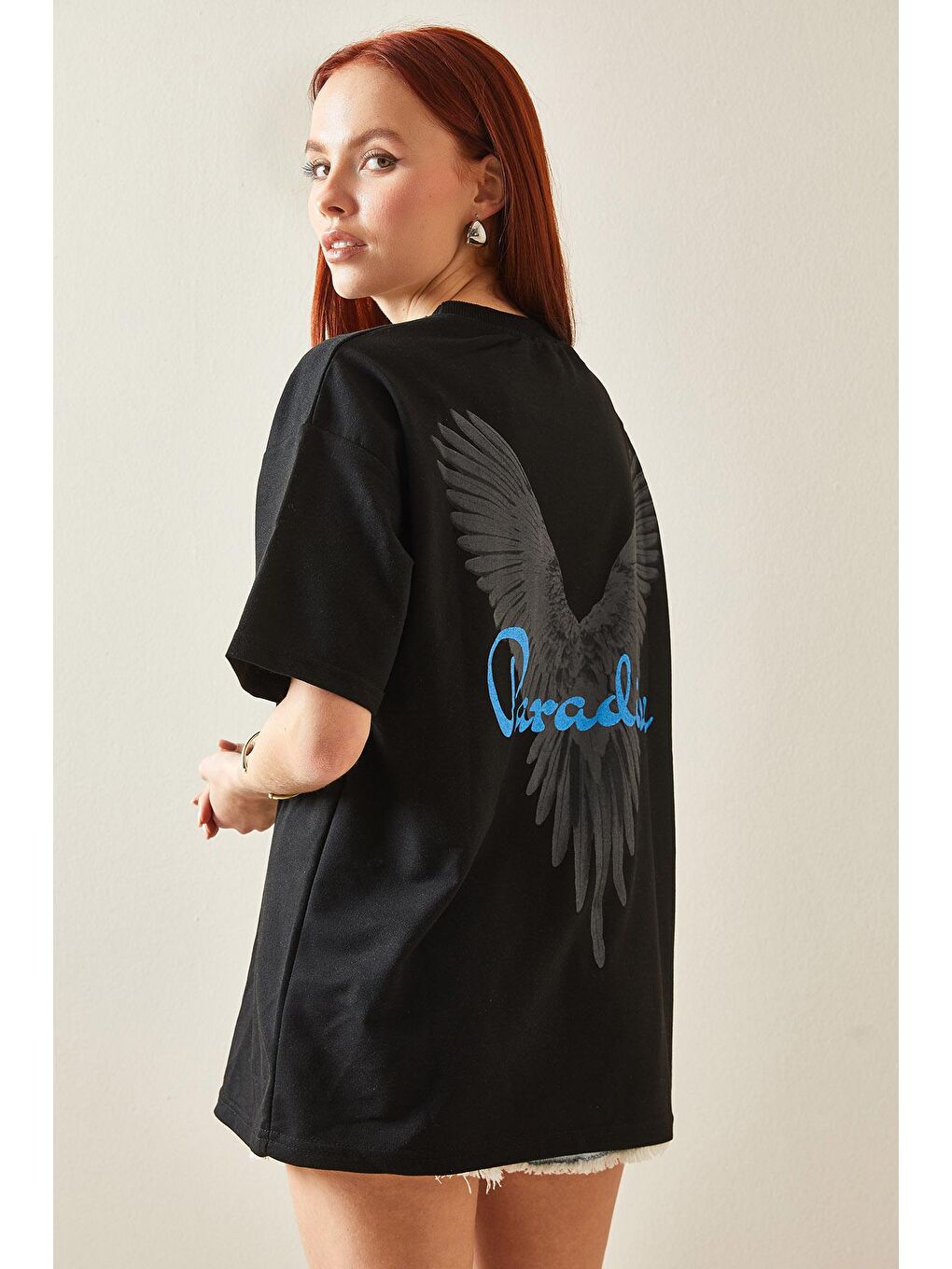 XHAN Siyah Bisiklet Yaka Arkası Baskılı Oversize T-Shirt 5YXK1-48210-02