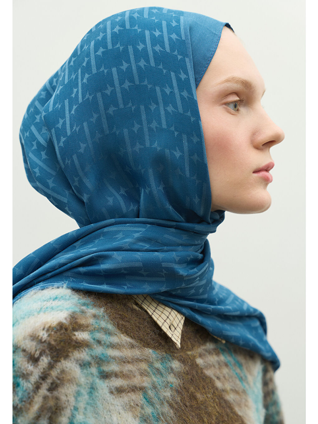 Mavi MONOGRAM PAMUK FLOŞ JAKARLI ŞAL Jean MAVİ-3