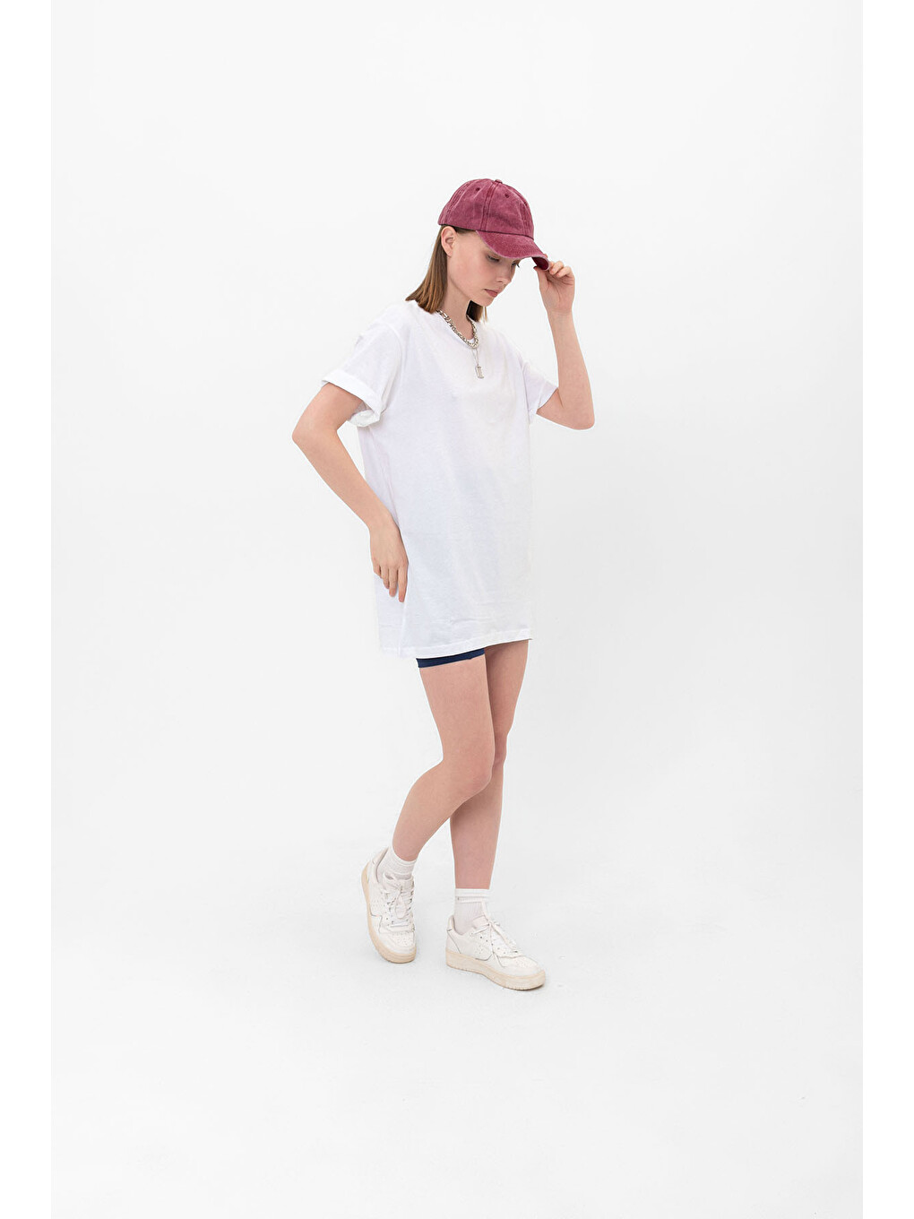 Beyaz Oversize Fit Pamuklu Kısa Kollu Basic Uniseks Kadın Erkek Tişört-6