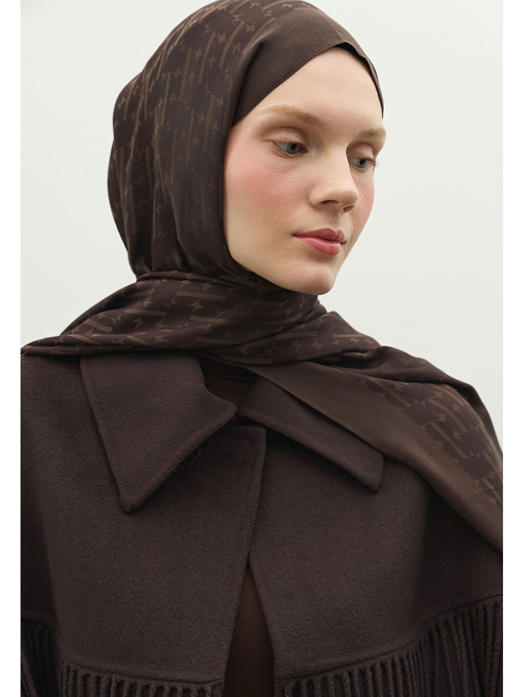 Kahverengi MONOGRAM PAMUK FLOŞ JAKARLI ŞAL ACI KAHVE-2