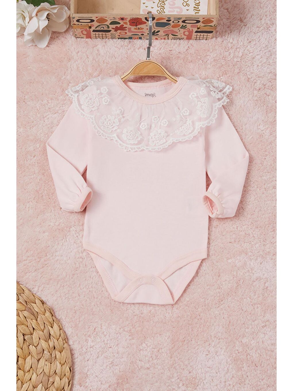 Pembe Kız Bebek Dantel Yakalı Uzun Kol Çıtçıtlı Badi 16839