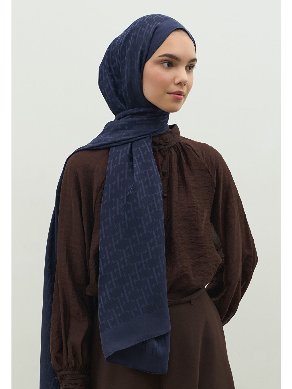 Lacivert MONOGRAM PAMUK FLOŞ JAKARLI ŞAL KOYU LACIVERT-1