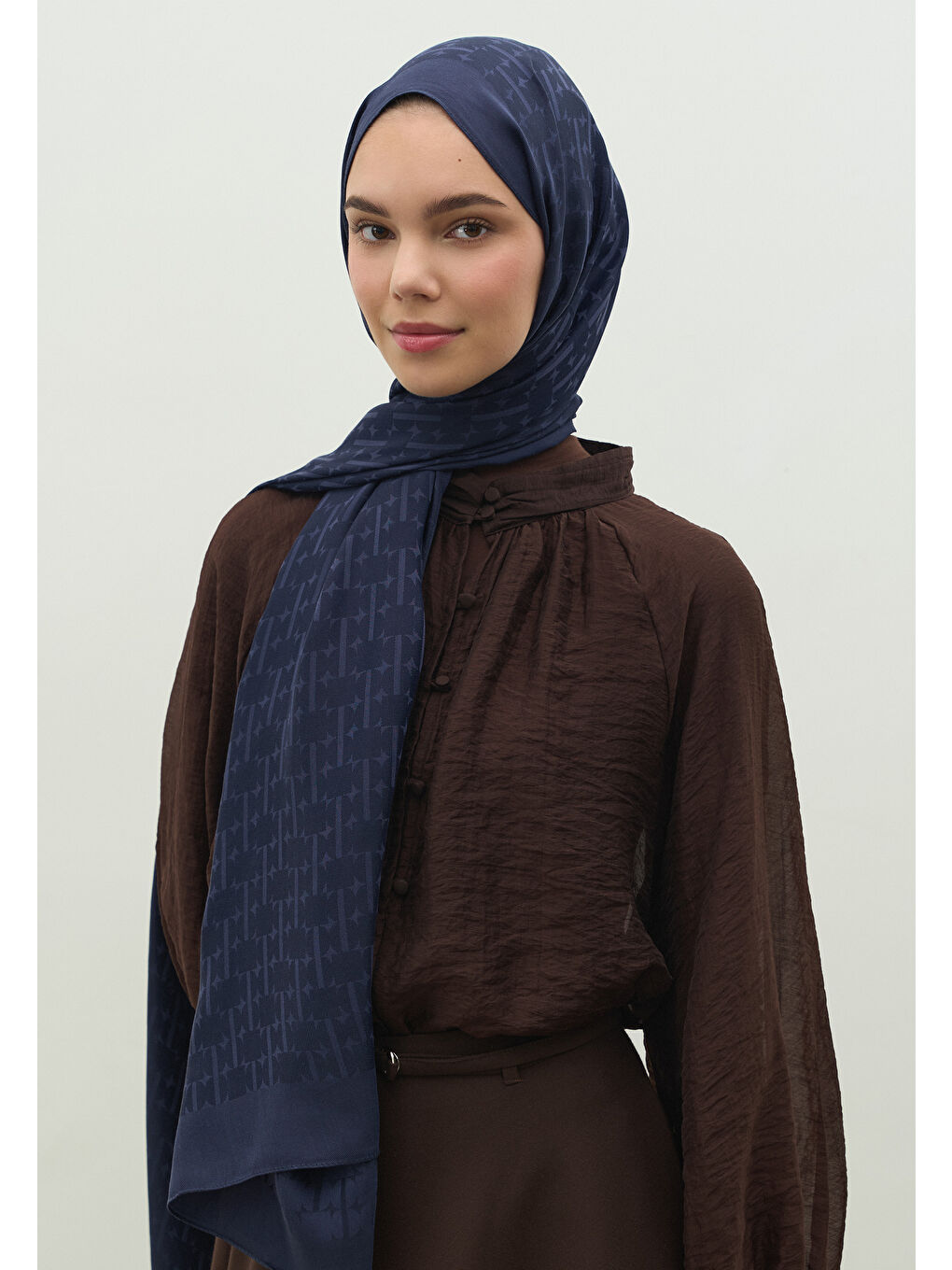 Lacivert MONOGRAM PAMUK FLOŞ JAKARLI ŞAL KOYU LACIVERT-2