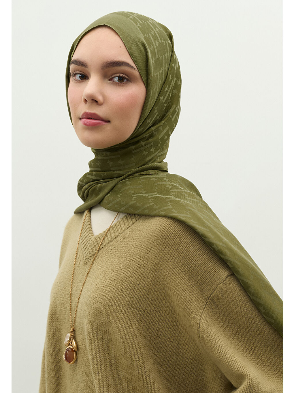Yeşil MONOGRAM PAMUK FLOŞ JAKARLI ŞAL ZEYTİN YEŞİLİ-1