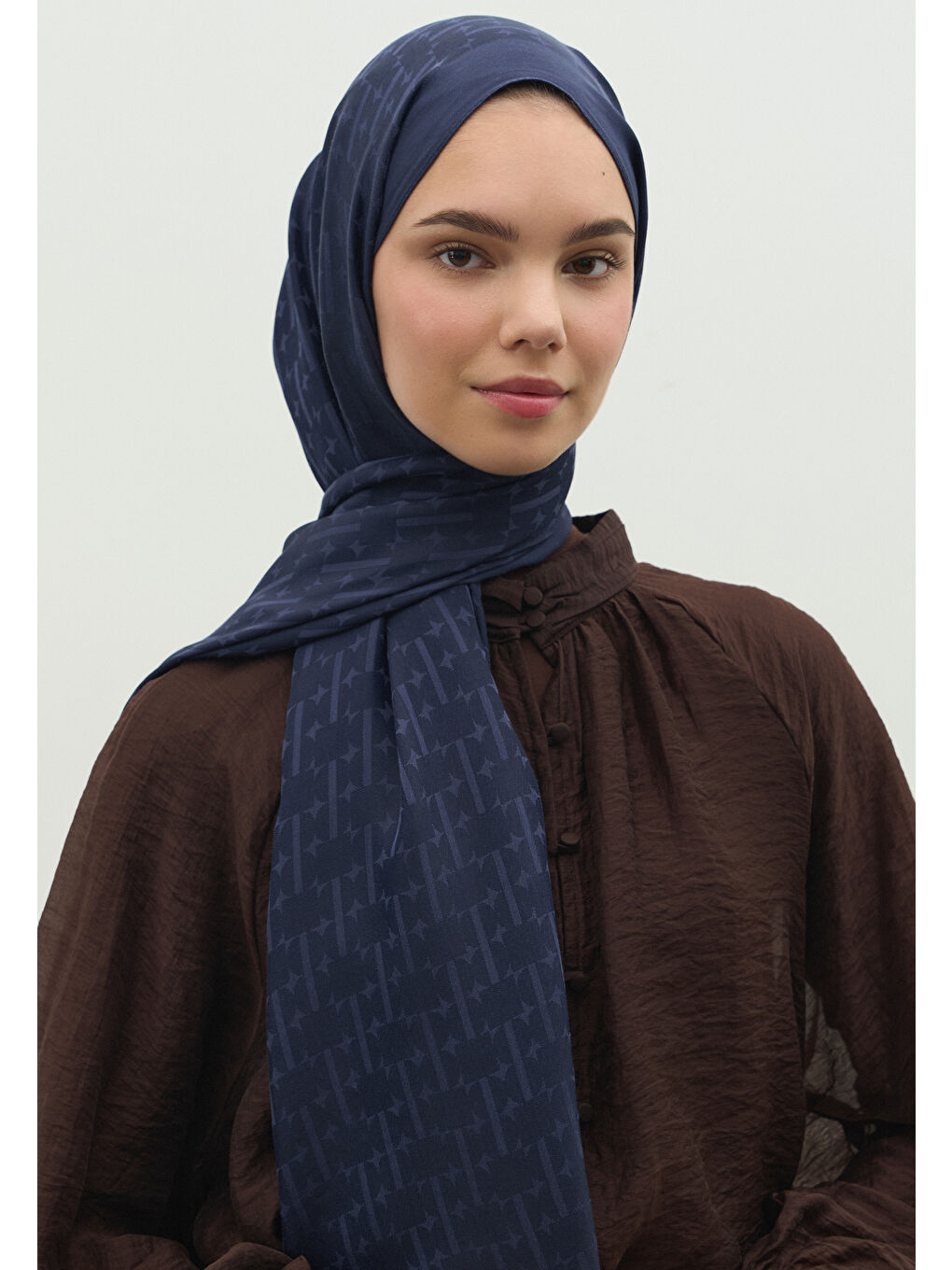 Lacivert MONOGRAM PAMUK FLOŞ JAKARLI ŞAL KOYU LACIVERT-3