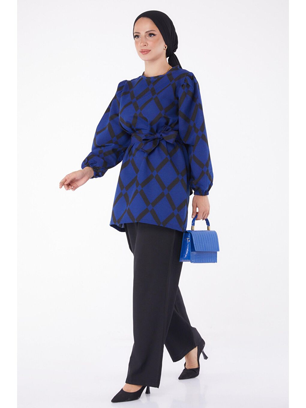 Bisiklet Yaka Kadın Mavi Desenli İkili Takım - 13245