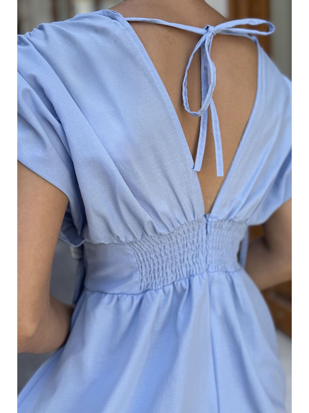 Mavi Papatya Aplikeli Kısa Elbise-4