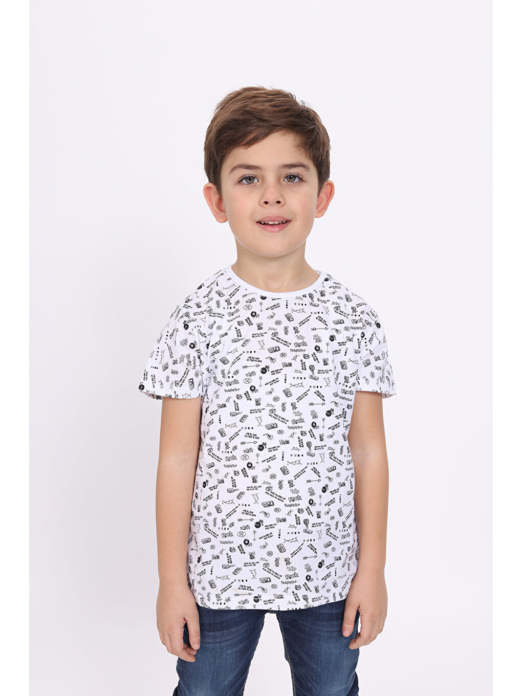 Beyaz Erkek Çocuk Komple Baskılı Tişört-1