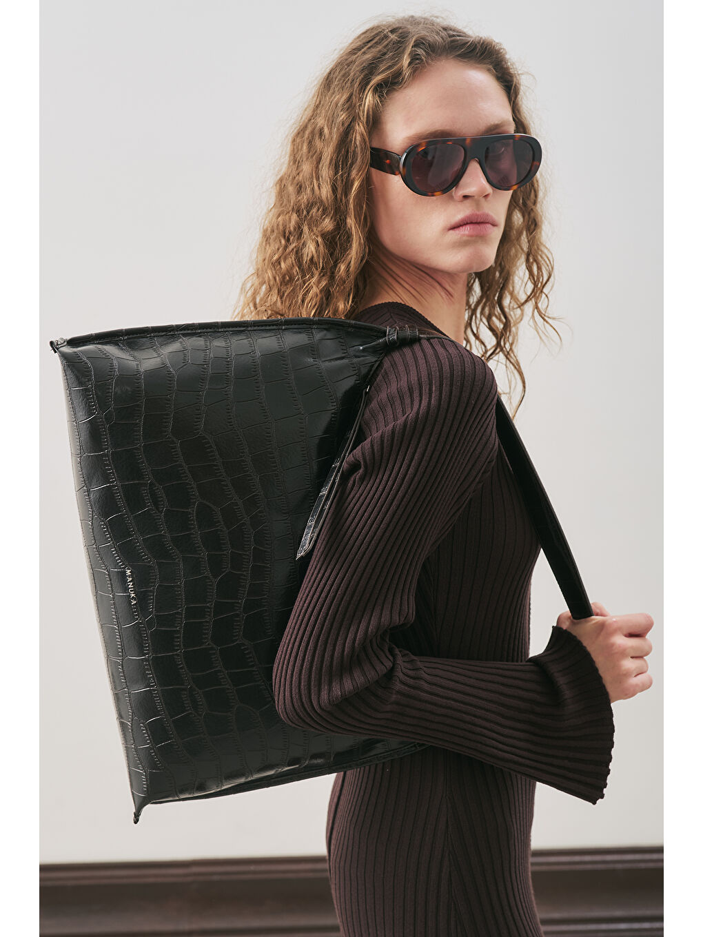 Dokulu Deri Omuz Çantası Siyah-2