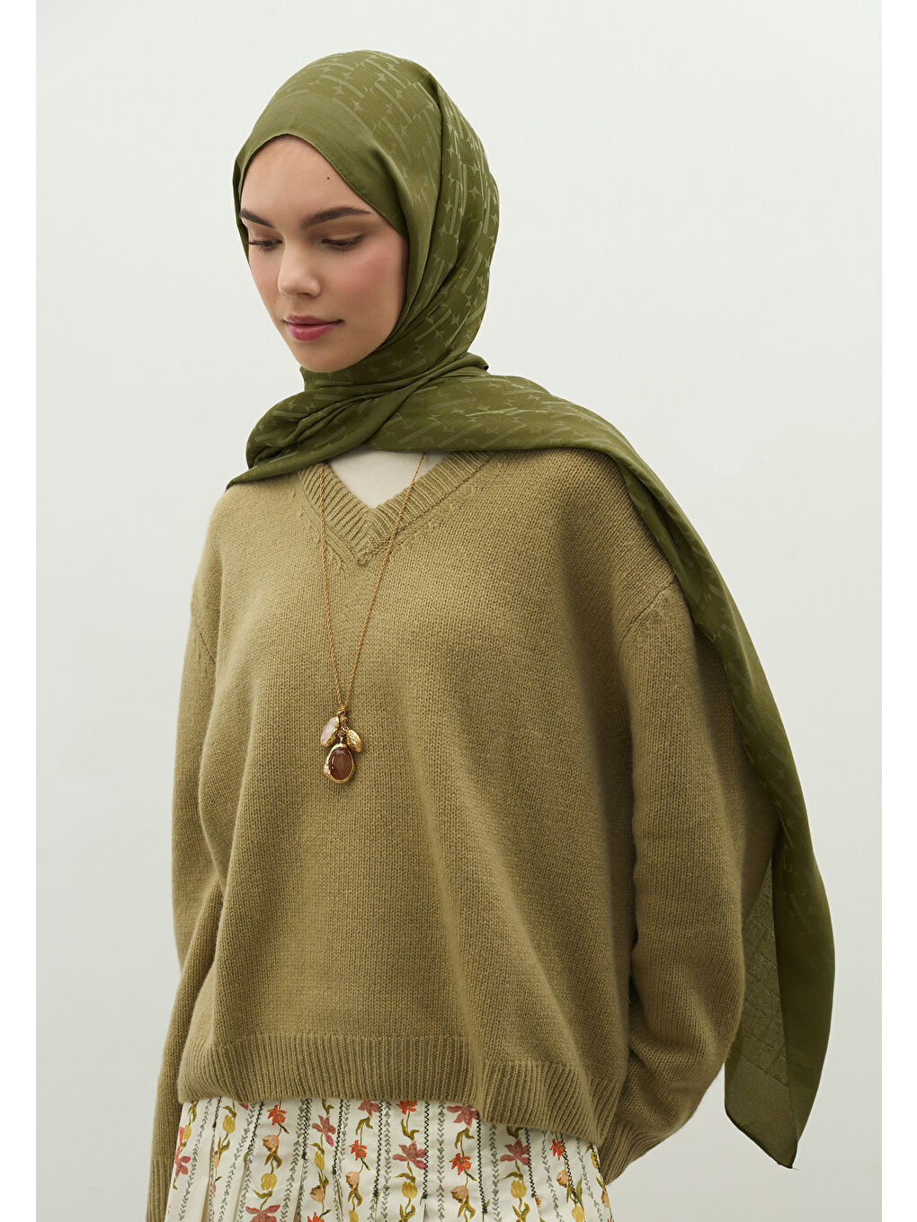 Yeşil MONOGRAM PAMUK FLOŞ JAKARLI ŞAL ZEYTİN YEŞİLİ-3