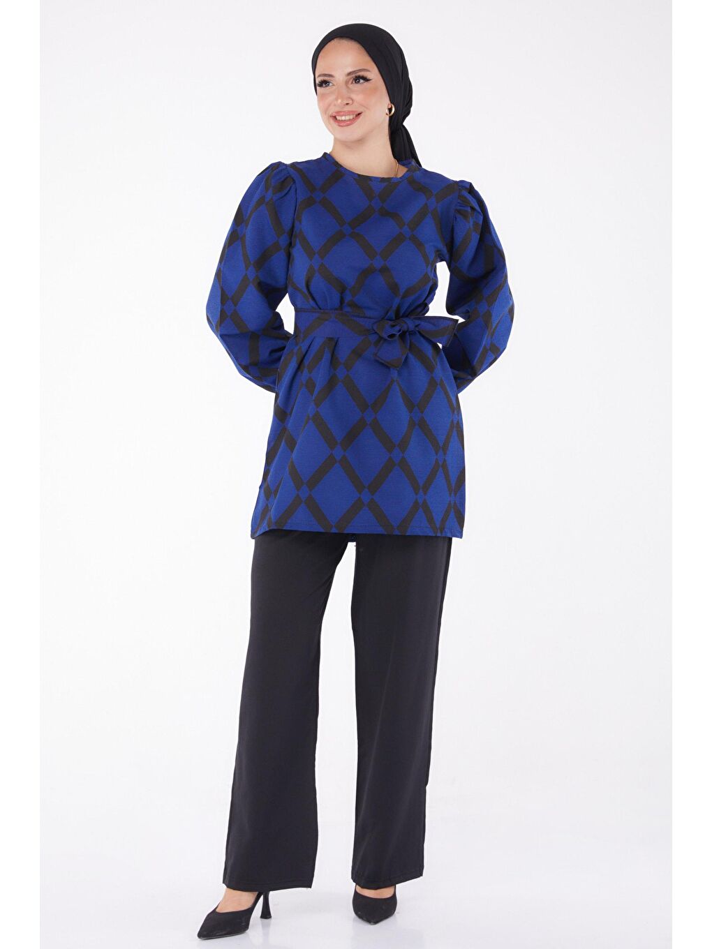 Bisiklet Yaka Kadın Mavi Desenli İkili Takım - 13245-1