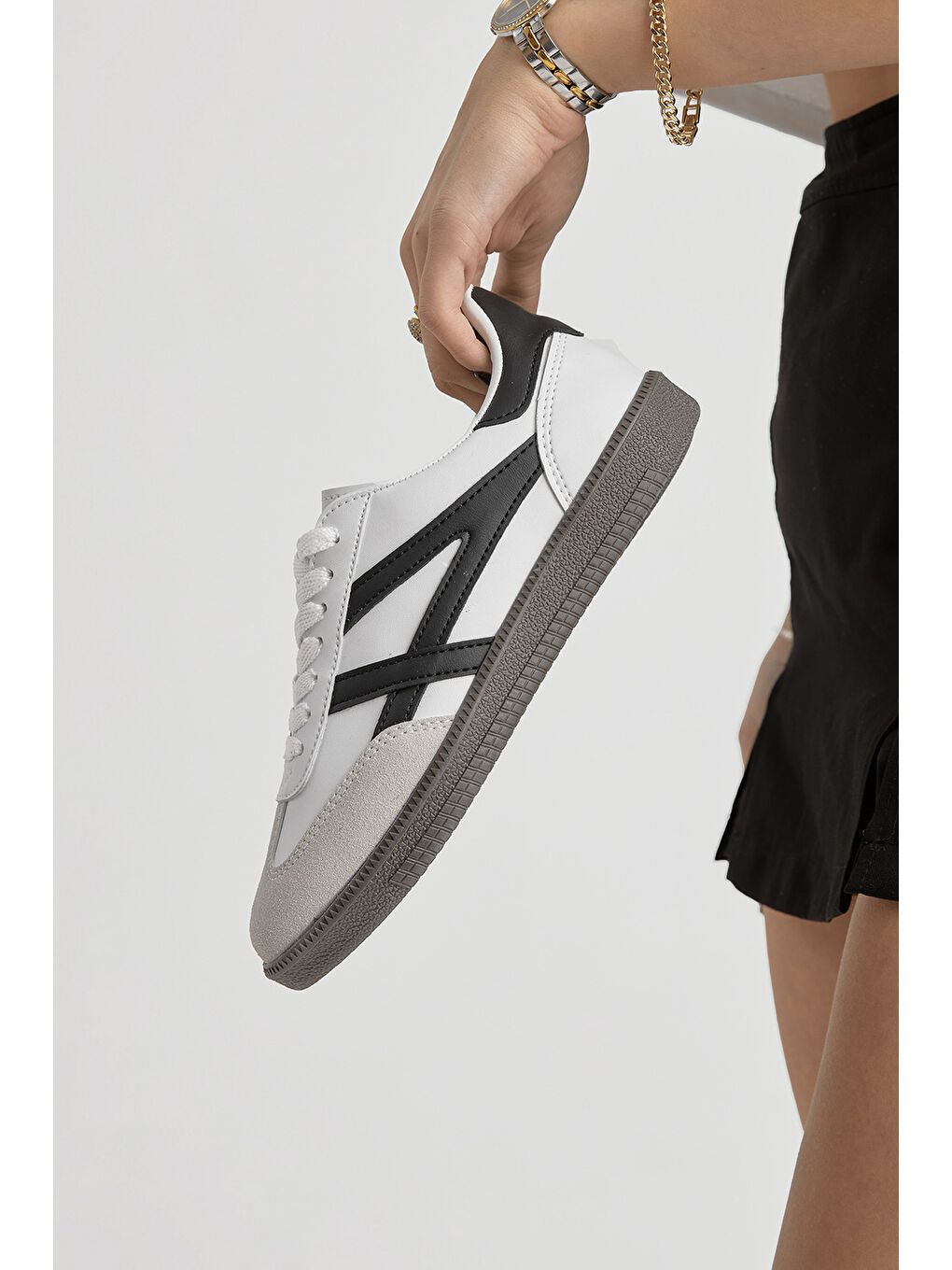 Unisex Beyaz Siyah Termo Taban Yanı Şeritli Bağcıklı Spor Ayakkabı